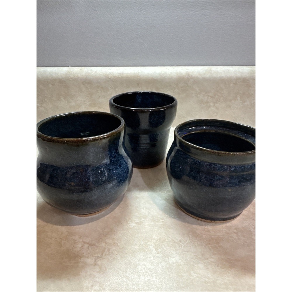 Set Of 3 Blue and Brown Drip‎ Glaze Art Studio Pottery Vases. Signed